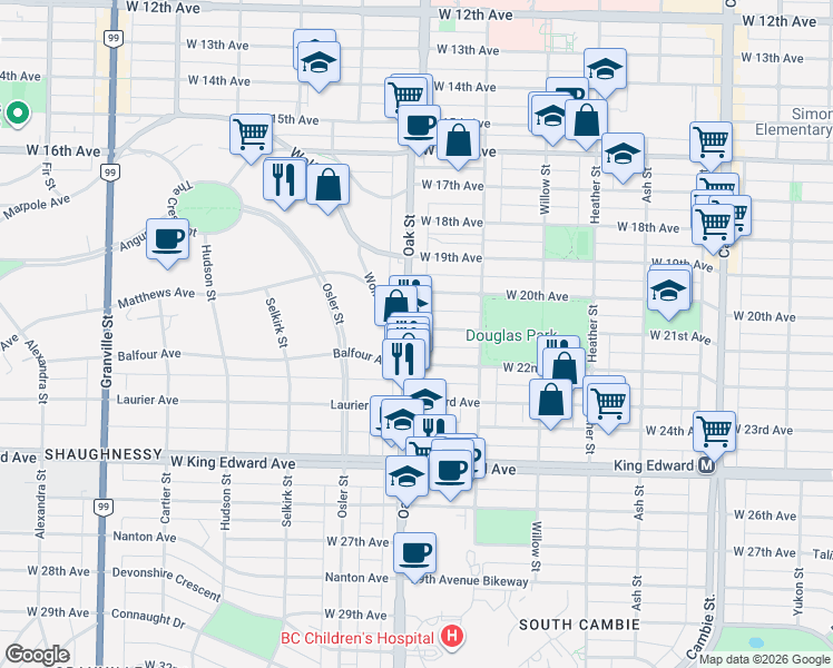 map of restaurants, bars, coffee shops, grocery stores, and more near 988 West 21st Avenue in Vancouver