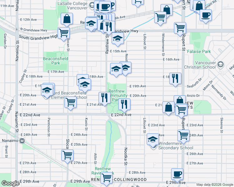 map of restaurants, bars, coffee shops, grocery stores, and more near 3591 Renfrew Street in Vancouver