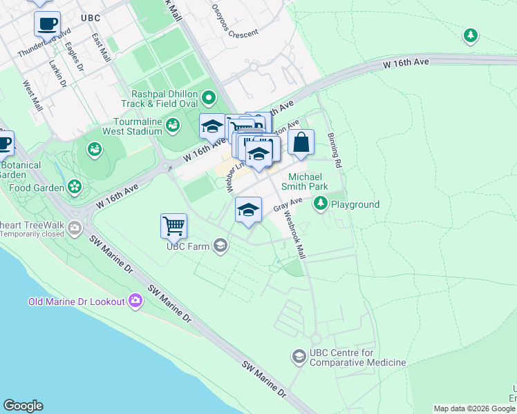 map of restaurants, bars, coffee shops, grocery stores, and more near 5981 Gray Avenue in University Endowment Lands