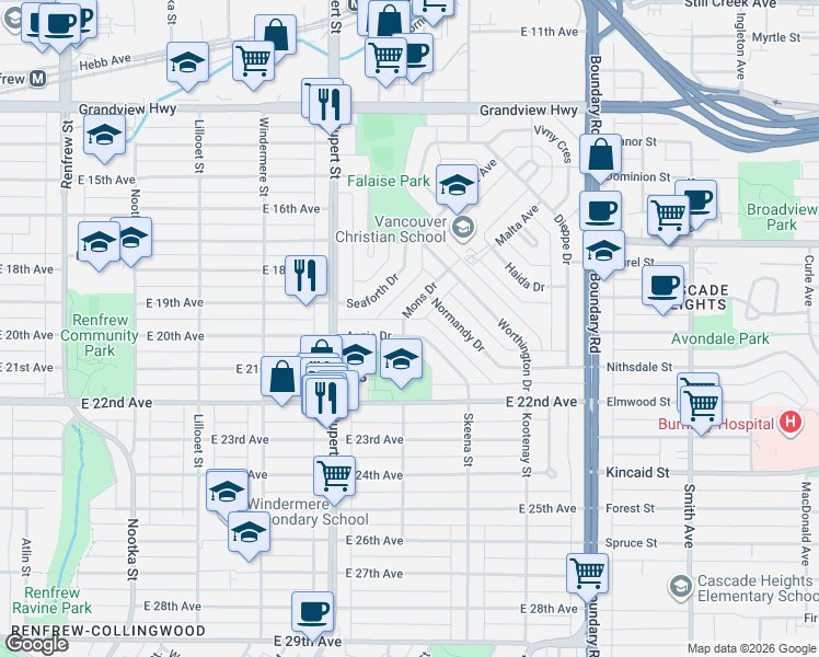 map of restaurants, bars, coffee shops, grocery stores, and more near 3385 Anzio Drive in Vancouver