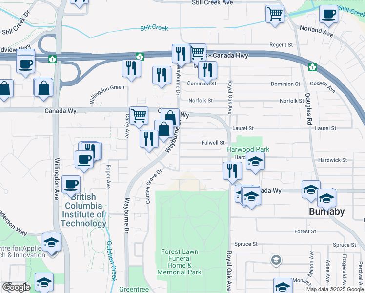 map of restaurants, bars, coffee shops, grocery stores, and more near 4938 Fulwell Street in Burnaby