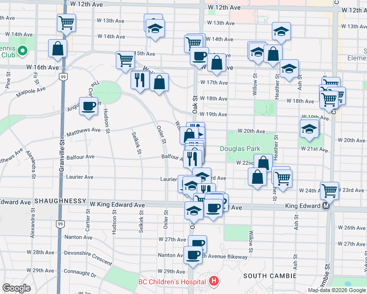 map of restaurants, bars, coffee shops, grocery stores, and more near in Vancouver