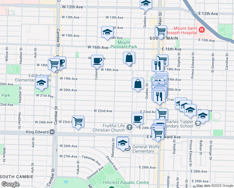 map of restaurants, bars, coffee shops, grocery stores, and more near 92 West 20th Avenue in Vancouver