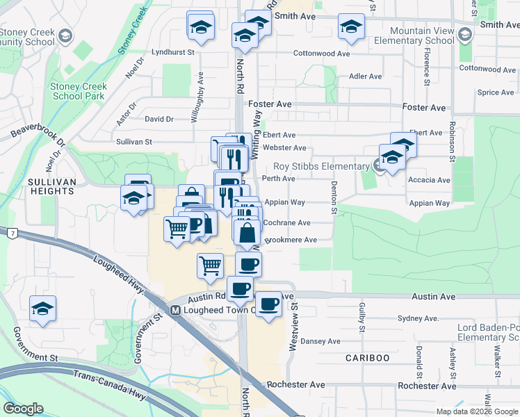 map of restaurants, bars, coffee shops, grocery stores, and more near 510 Appian Way in Coquitlam