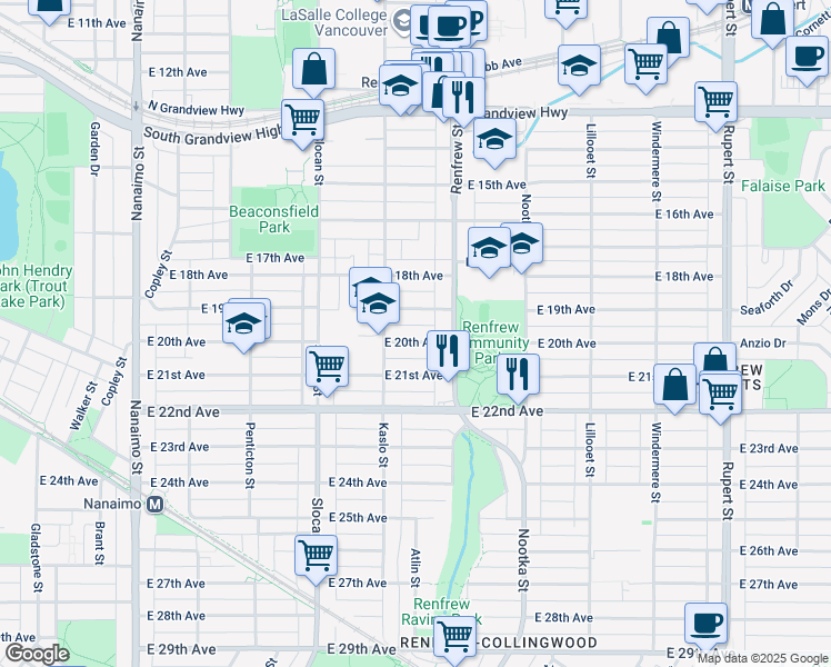 map of restaurants, bars, coffee shops, grocery stores, and more near 2843 East 20th Avenue in Vancouver