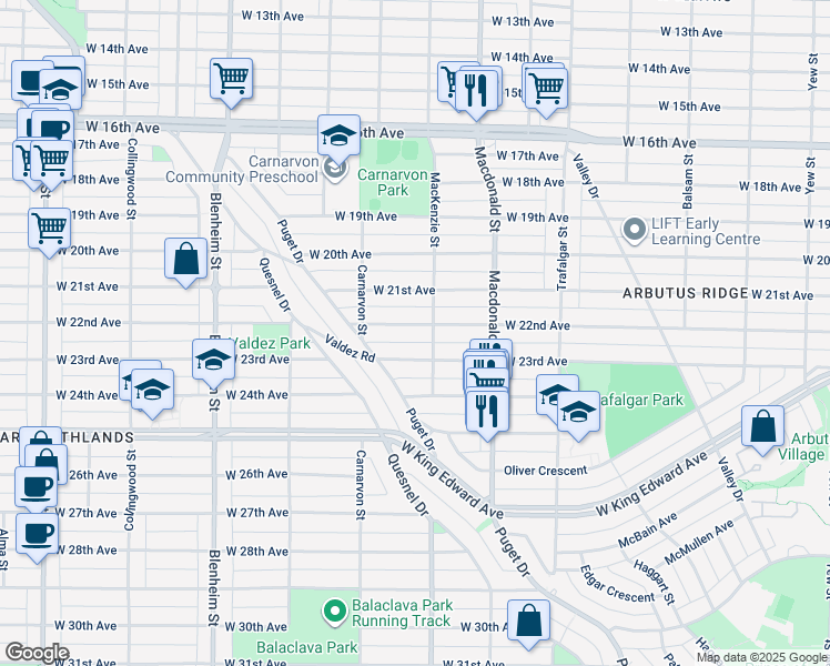 map of restaurants, bars, coffee shops, grocery stores, and more near 2922 West 22nd Avenue in Vancouver