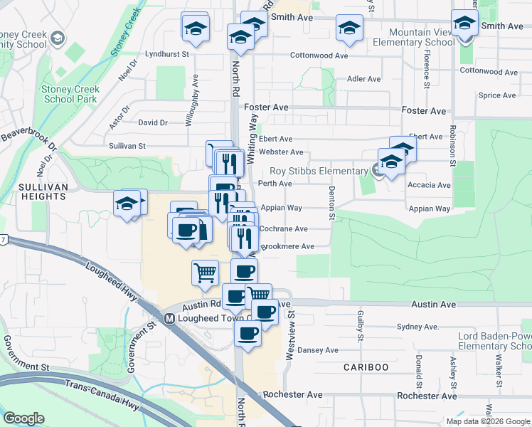 map of restaurants, bars, coffee shops, grocery stores, and more near 518 Appian Way in Coquitlam