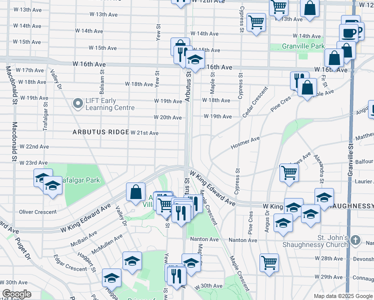 map of restaurants, bars, coffee shops, grocery stores, and more near West 22nd Avenue in Vancouver