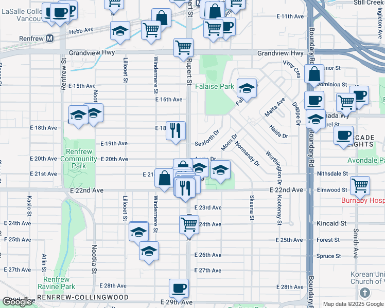 map of restaurants, bars, coffee shops, grocery stores, and more near in Vancouver