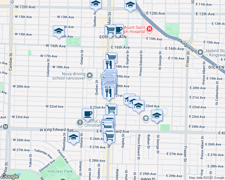 map of restaurants, bars, coffee shops, grocery stores, and more near 3699 Main Street in Vancouver