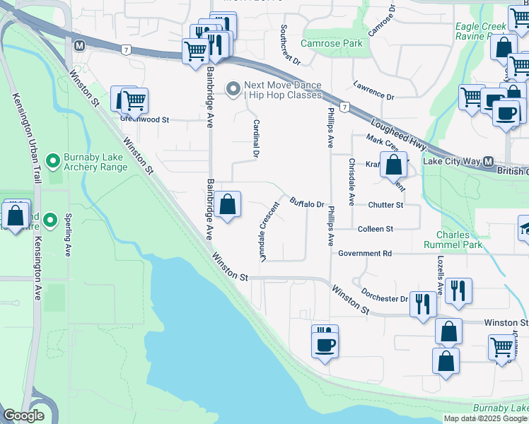 map of restaurants, bars, coffee shops, grocery stores, and more near 3601 Lynndale Crescent in Burnaby