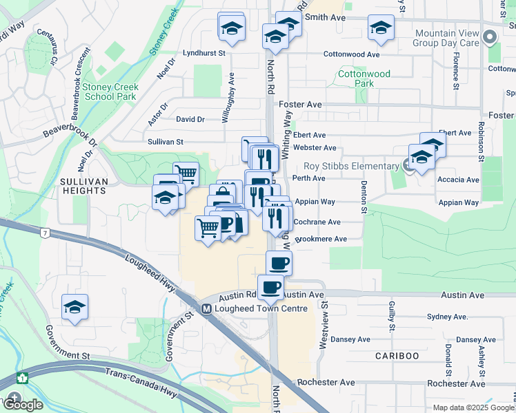 map of restaurants, bars, coffee shops, grocery stores, and more near 3433 North Road in Burnaby