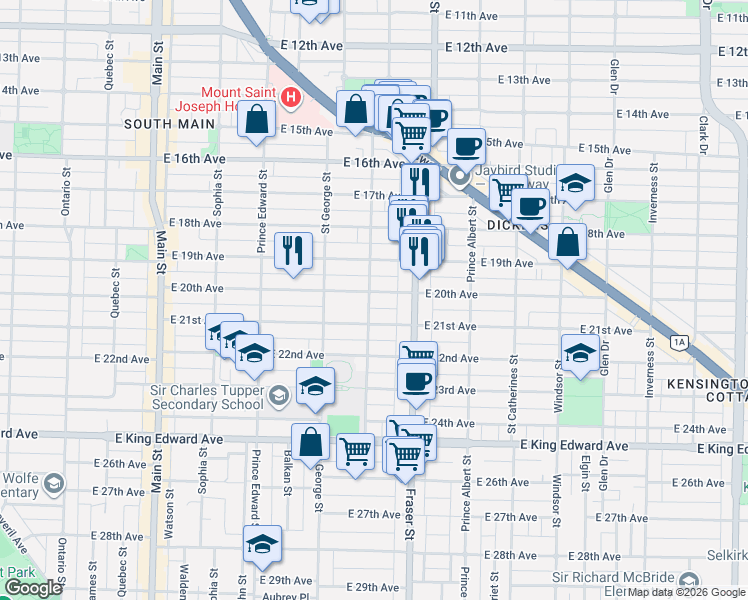 map of restaurants, bars, coffee shops, grocery stores, and more near 3606 Carolina Street in Vancouver