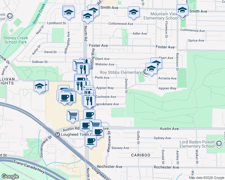 map of restaurants, bars, coffee shops, grocery stores, and more near 536 Appian Way in Coquitlam