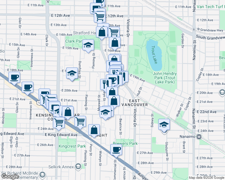 map of restaurants, bars, coffee shops, grocery stores, and more near in Vancouver