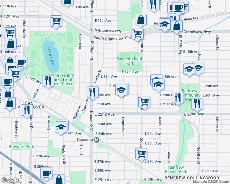map of restaurants, bars, coffee shops, grocery stores, and more near 2553 East 20th Avenue in Vancouver
