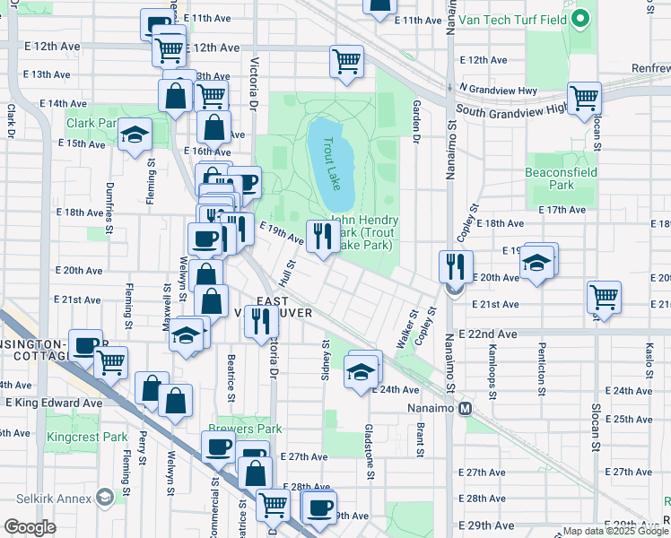 map of restaurants, bars, coffee shops, grocery stores, and more near 3508 Marshall Street in Vancouver