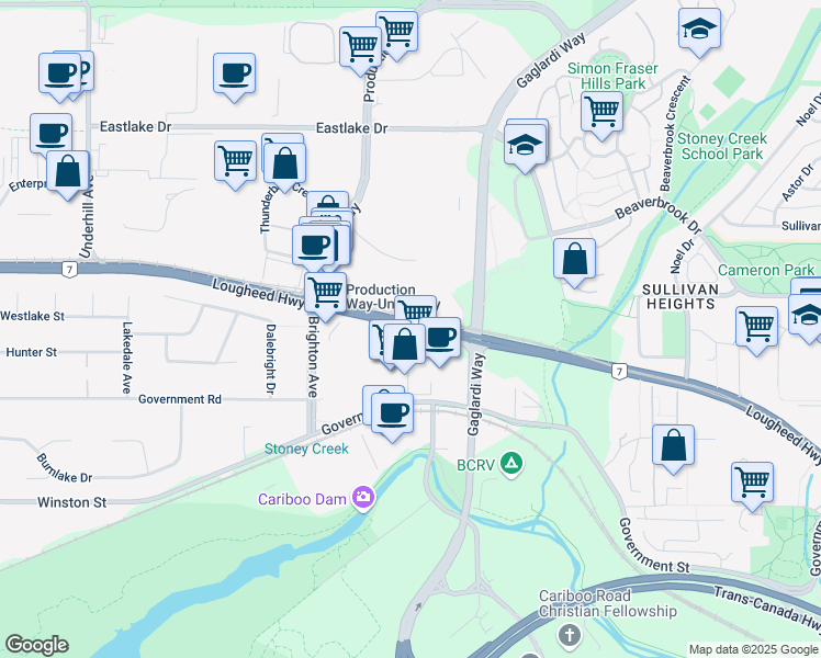 map of restaurants, bars, coffee shops, grocery stores, and more near 8550 Lougheed Highway in Burnaby