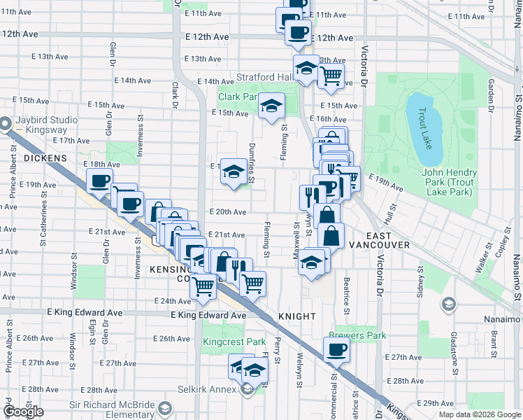 map of restaurants, bars, coffee shops, grocery stores, and more near 1557 East 20th Avenue in Vancouver