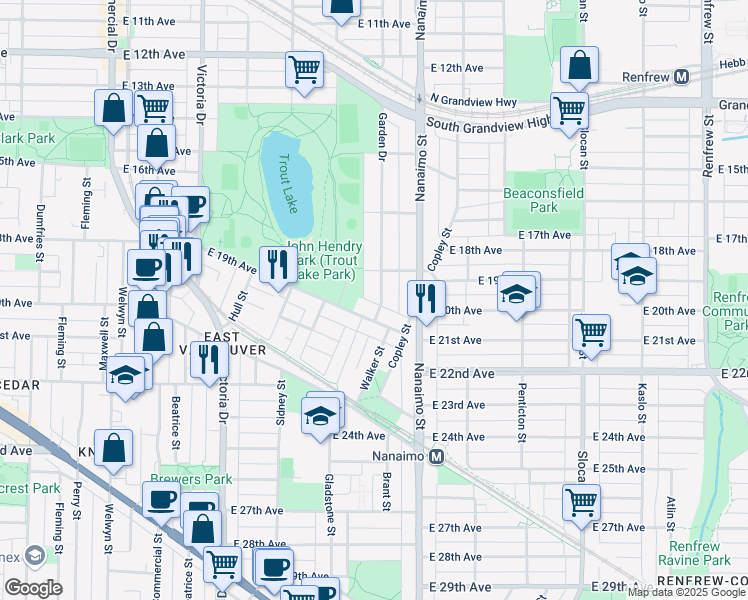 map of restaurants, bars, coffee shops, grocery stores, and more near 3469 Garden Drive in Vancouver