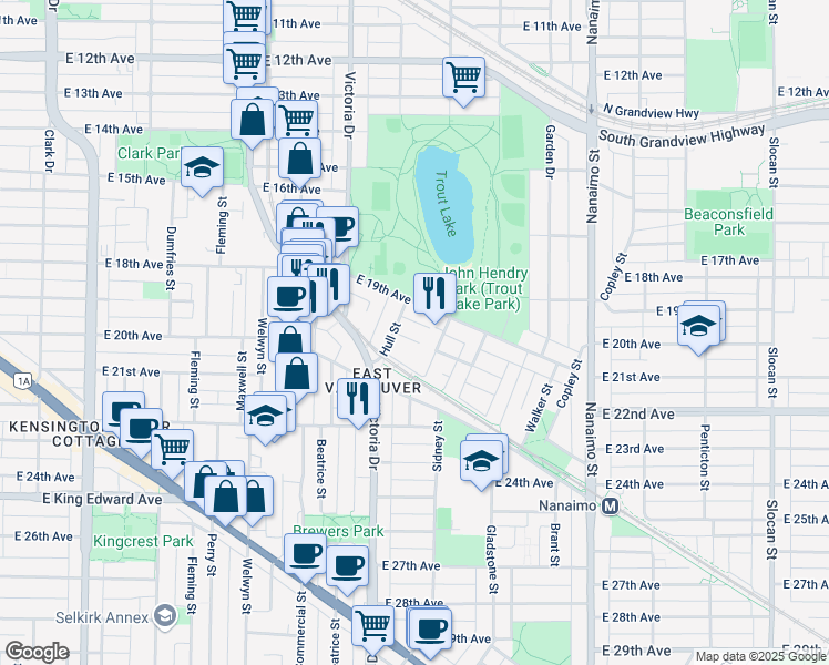 map of restaurants, bars, coffee shops, grocery stores, and more near 2057 East 20th Avenue in Vancouver