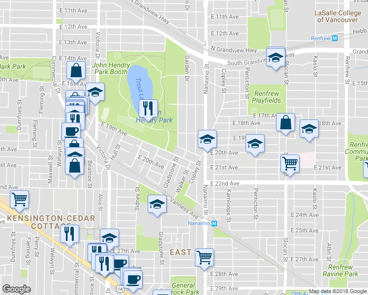 map of restaurants, bars, coffee shops, grocery stores, and more near 3469 Garden Drive in Vancouver