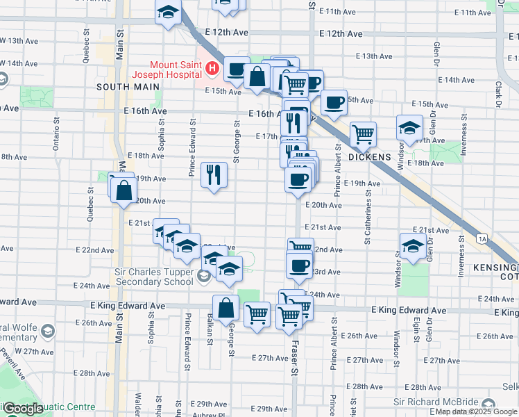 map of restaurants, bars, coffee shops, grocery stores, and more near 568 East 20th Avenue in Vancouver
