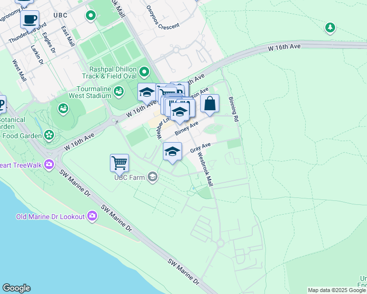 map of restaurants, bars, coffee shops, grocery stores, and more near 5981 Gray Avenue in University Endowment Lands