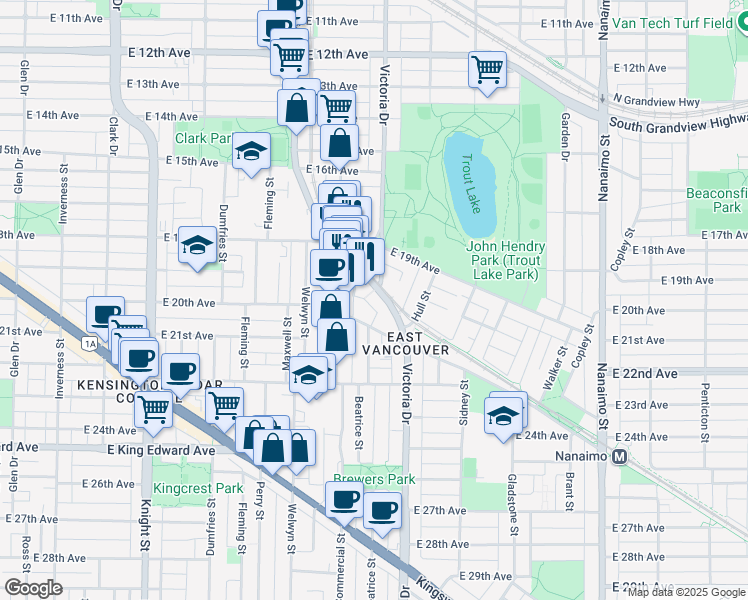 map of restaurants, bars, coffee shops, grocery stores, and more near 1898 Victoria Diversion in Vancouver