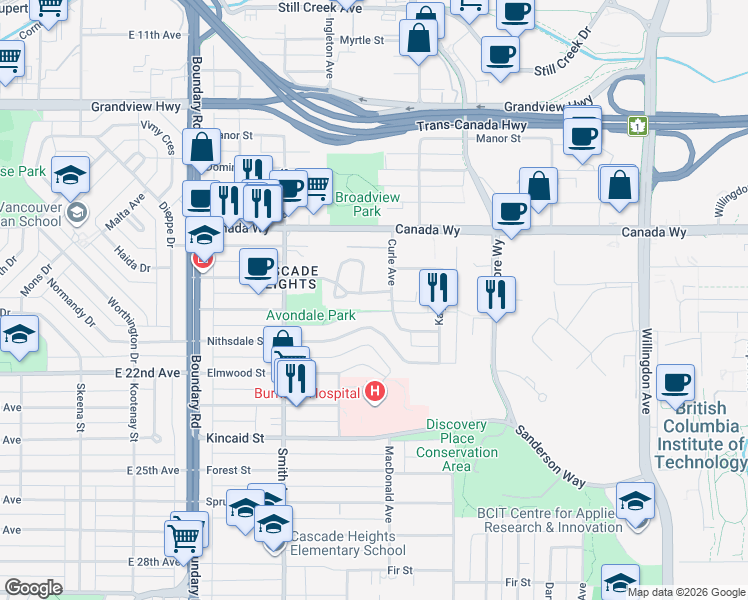 map of restaurants, bars, coffee shops, grocery stores, and more near 3970 Linwood Street in Burnaby