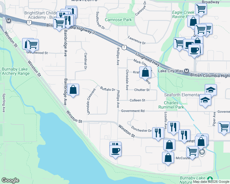 map of restaurants, bars, coffee shops, grocery stores, and more near 3525 Phillips Avenue in Burnaby