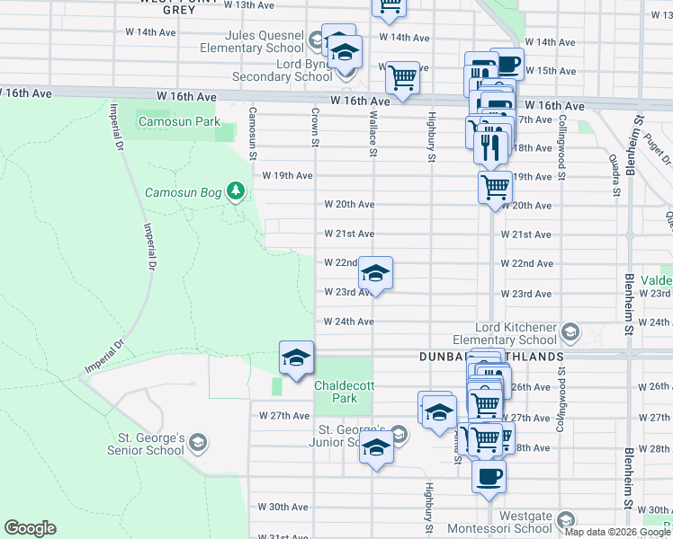 map of restaurants, bars, coffee shops, grocery stores, and more near 3962 West 22nd Avenue in Vancouver