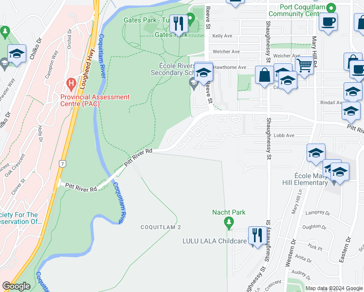 map of restaurants, bars, coffee shops, grocery stores, and more near 2560 Pitt River Road in Port Coquitlam