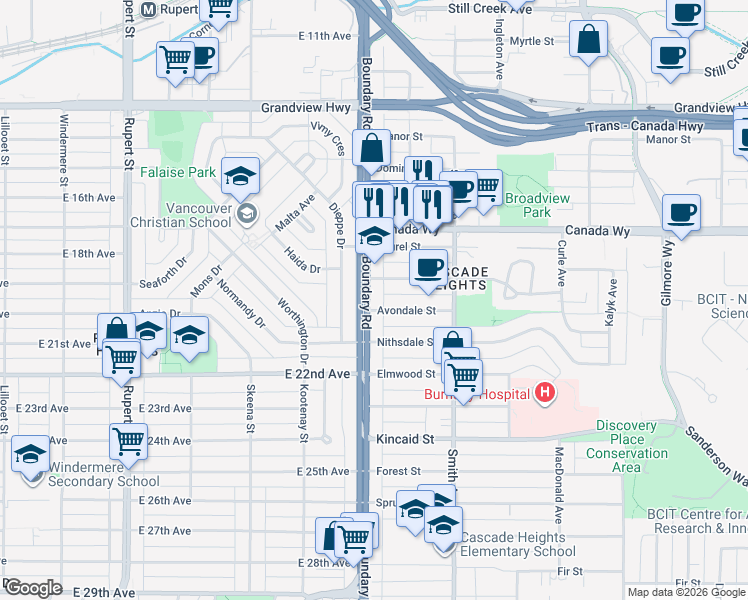 map of restaurants, bars, coffee shops, grocery stores, and more near 3550 Boundary Road in Burnaby