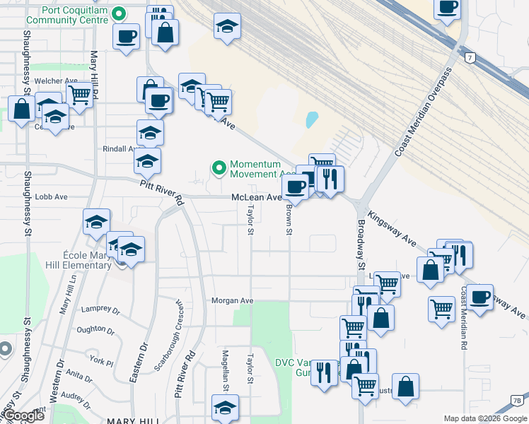 map of restaurants, bars, coffee shops, grocery stores, and more near 1870 McLean Avenue in Port Coquitlam
