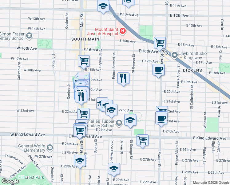 map of restaurants, bars, coffee shops, grocery stores, and more near 408 East 20th Avenue in Vancouver