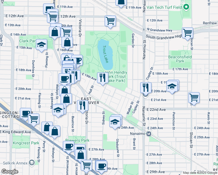map of restaurants, bars, coffee shops, grocery stores, and more near 2116 East 19th Avenue in Vancouver