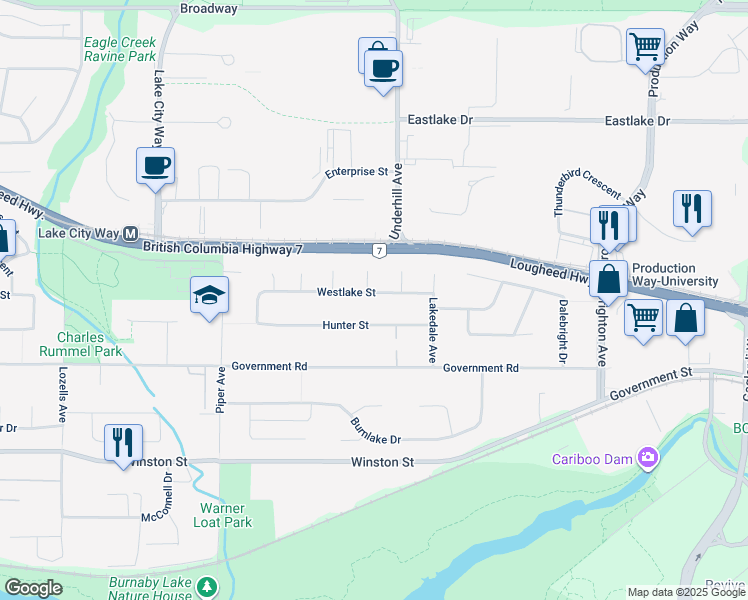 map of restaurants, bars, coffee shops, grocery stores, and more near 8108 Westlake Street in Burnaby