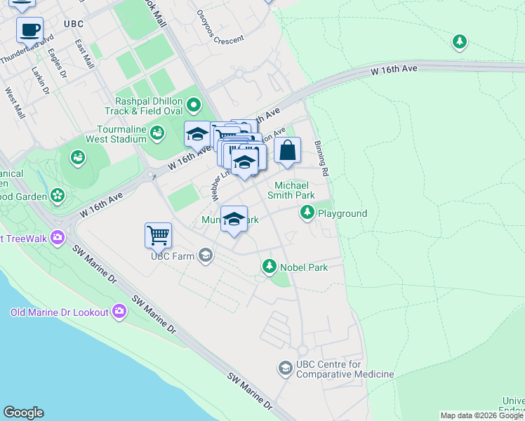map of restaurants, bars, coffee shops, grocery stores, and more near 3479 Wesbrook Mall in University Endowment Lands
