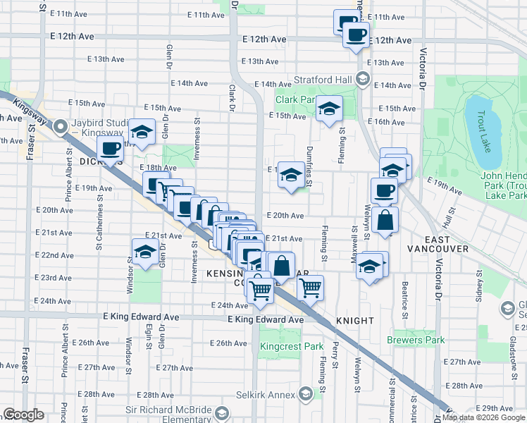 map of restaurants, bars, coffee shops, grocery stores, and more near 3592 Knight Street in Vancouver