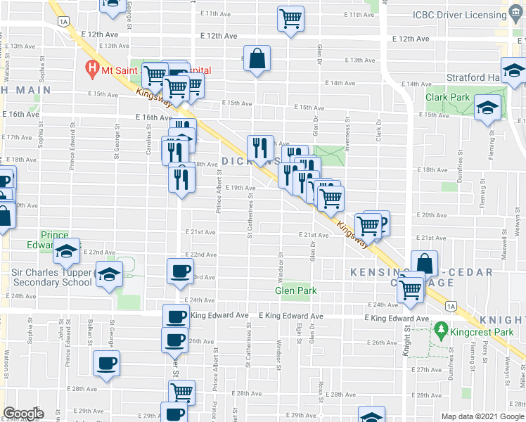 map of restaurants, bars, coffee shops, grocery stores, and more near 945 East 20th Avenue in Vancouver