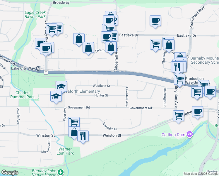 map of restaurants, bars, coffee shops, grocery stores, and more near 8108 Westlake Street in Burnaby