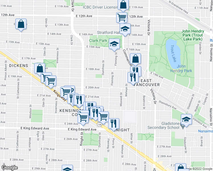 map of restaurants, bars, coffee shops, grocery stores, and more near 1551 East 20th Avenue in Vancouver