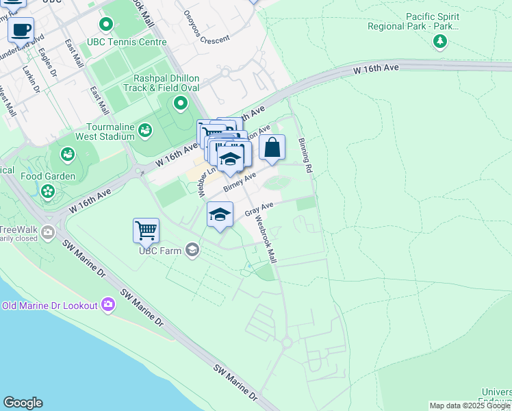 map of restaurants, bars, coffee shops, grocery stores, and more near 107 Wesbrook Mall in Vancouver