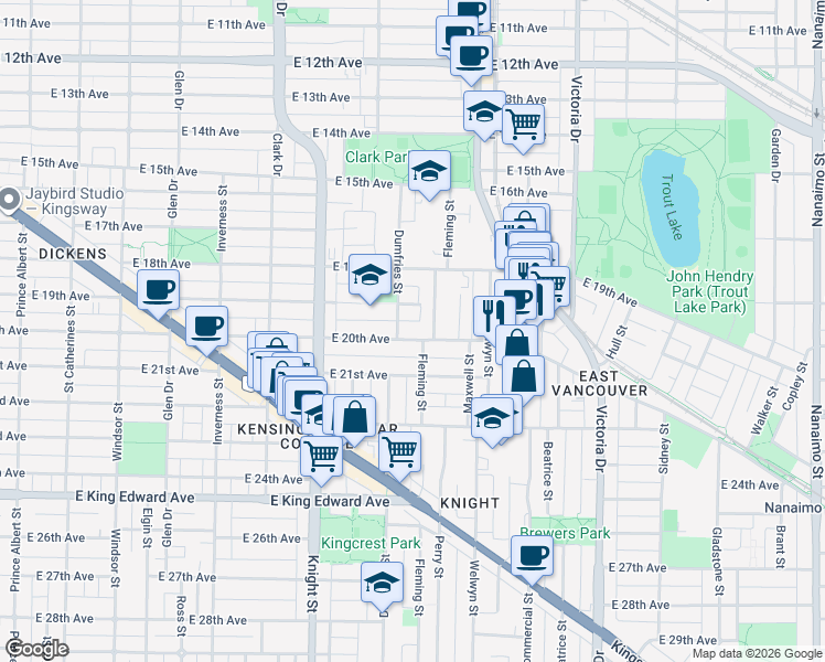map of restaurants, bars, coffee shops, grocery stores, and more near 1551 East 20th Avenue in Vancouver