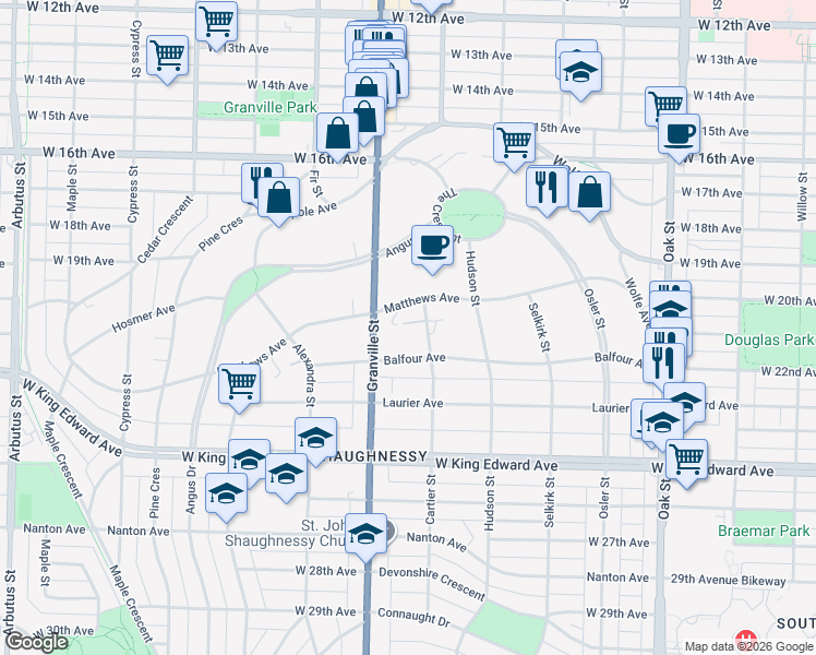 map of restaurants, bars, coffee shops, grocery stores, and more near 3689 Cartier Street in Vancouver