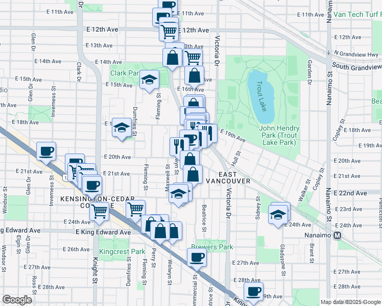 map of restaurants, bars, coffee shops, grocery stores, and more near 3573 Commercial Street in Vancouver