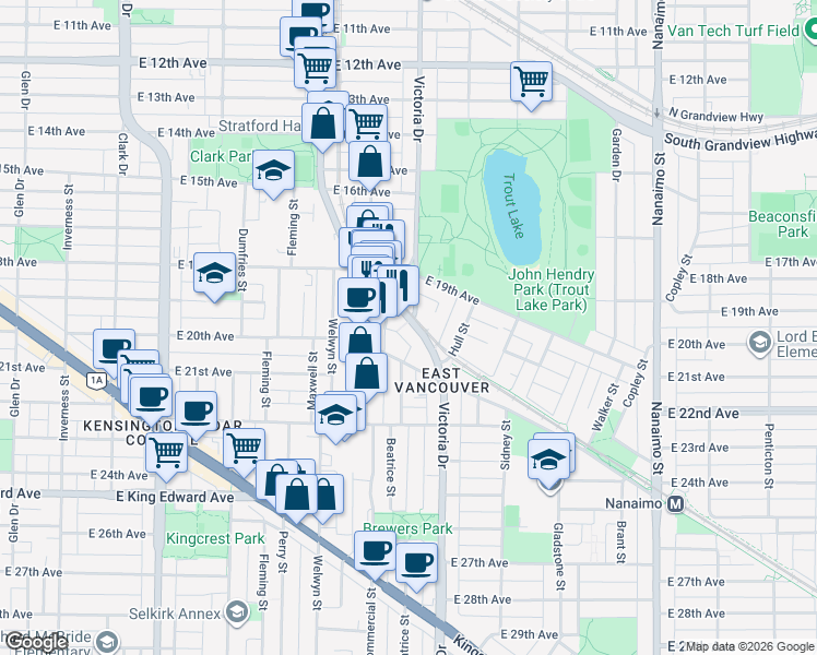 map of restaurants, bars, coffee shops, grocery stores, and more near 3615 Victoria Drive in Vancouver