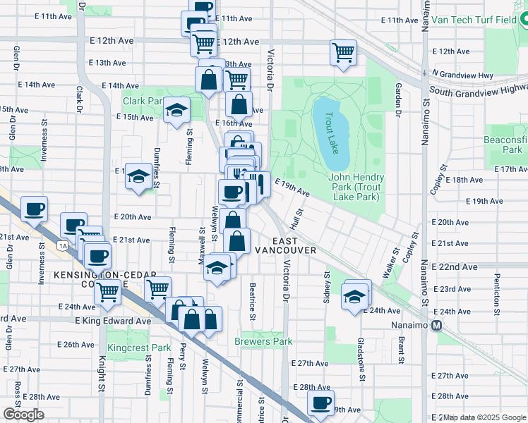map of restaurants, bars, coffee shops, grocery stores, and more near 3615 Victoria Drive in Vancouver