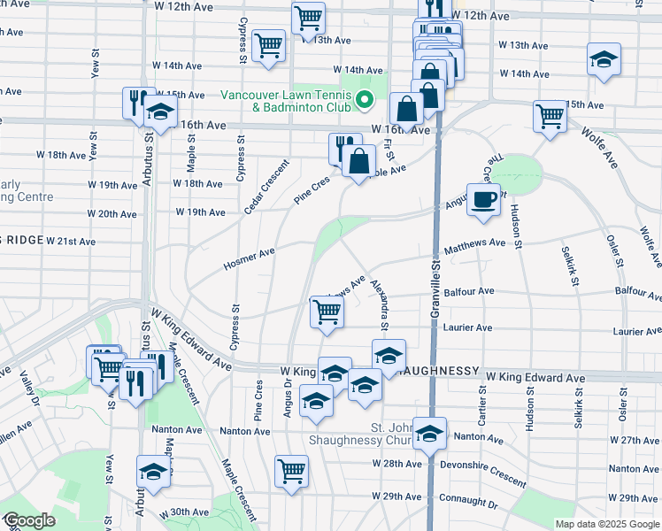 map of restaurants, bars, coffee shops, grocery stores, and more near 1790 Angus Drive in Vancouver